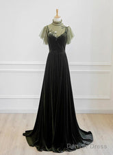 A-Line Green Velvet Long Wedding Party Dress, High Neckline Prom Dress Evening Dress